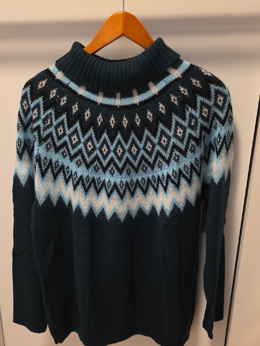 Eloquii Dark Teal Fair Isle Yoke Sweater with Light Blue Accents